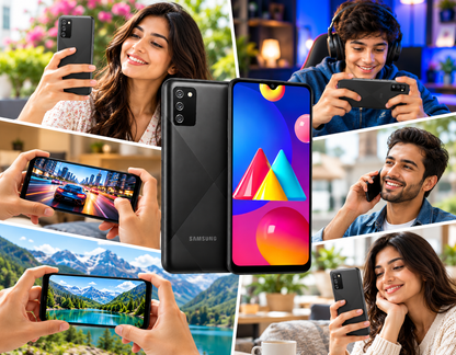 Black Samsung Galaxy M02s smartphone held by people, front display and back shown