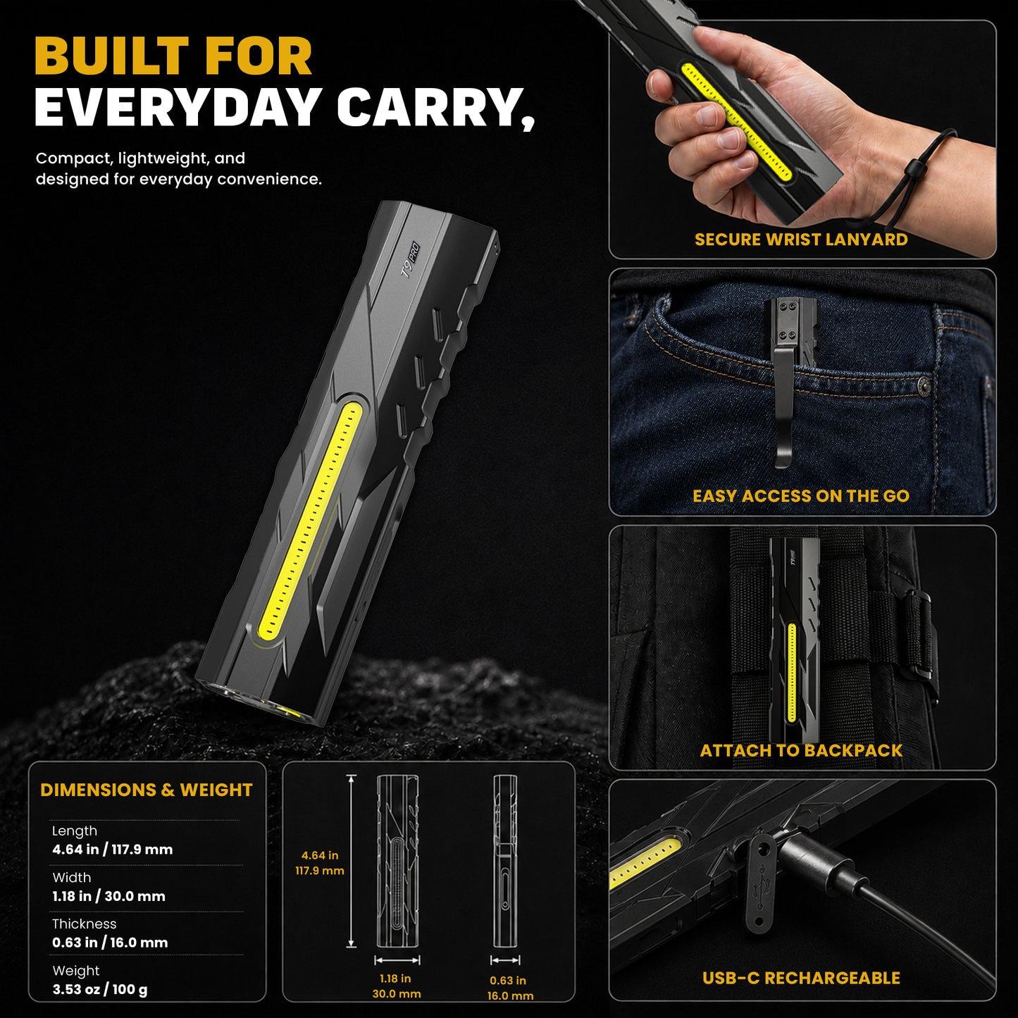 USATEKO T9 Pro Rechargeable Flashlight, 1500 Lumens, 365nm UV, Magnetic Base, IPX6 Compact flat USB-C flashlight with side work light and clip.