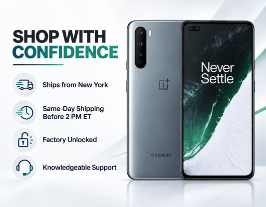 Gray OnePlus Nord 5G smartphone front and back, sleek frame and side buttons