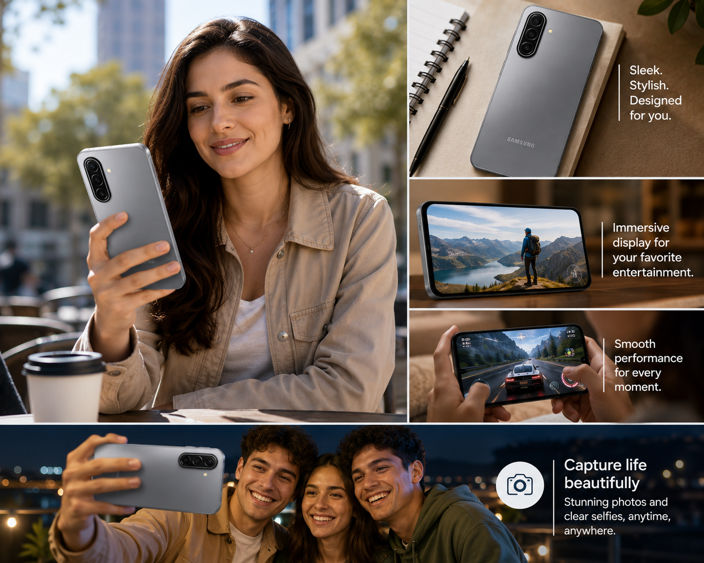 Gray Samsung Galaxy A17 5G phone in hand, front and rear visible