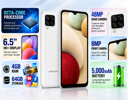 White Samsung Galaxy A12 phone with quad rear camera and 5000mAh battery