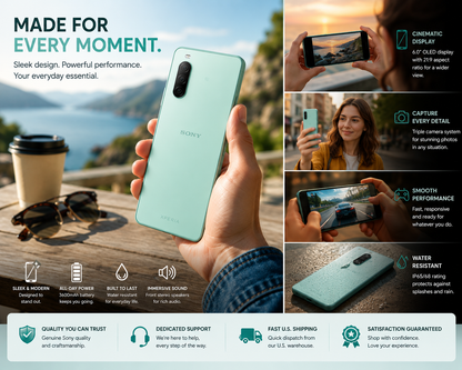 Sony Xperia 10 II XQ-AU52 Mint smartphone held in hand, showing front display and dual rear cameras