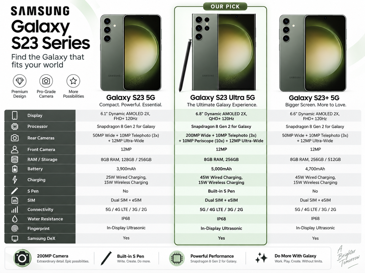 Green Samsung Galaxy S23 Ultra phone showing front display, back, and S Pen
