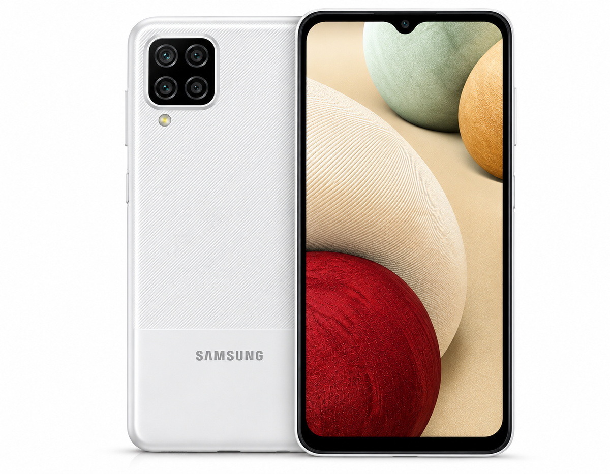White Samsung Galaxy A12 phone showing back panel and front display with quad cameras