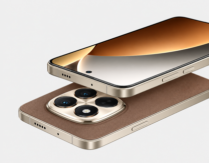 Xiaomi Redmi Note 15 Pro Plus 5G Brown smartphone angled view showing side ports and rear camera lens housing.