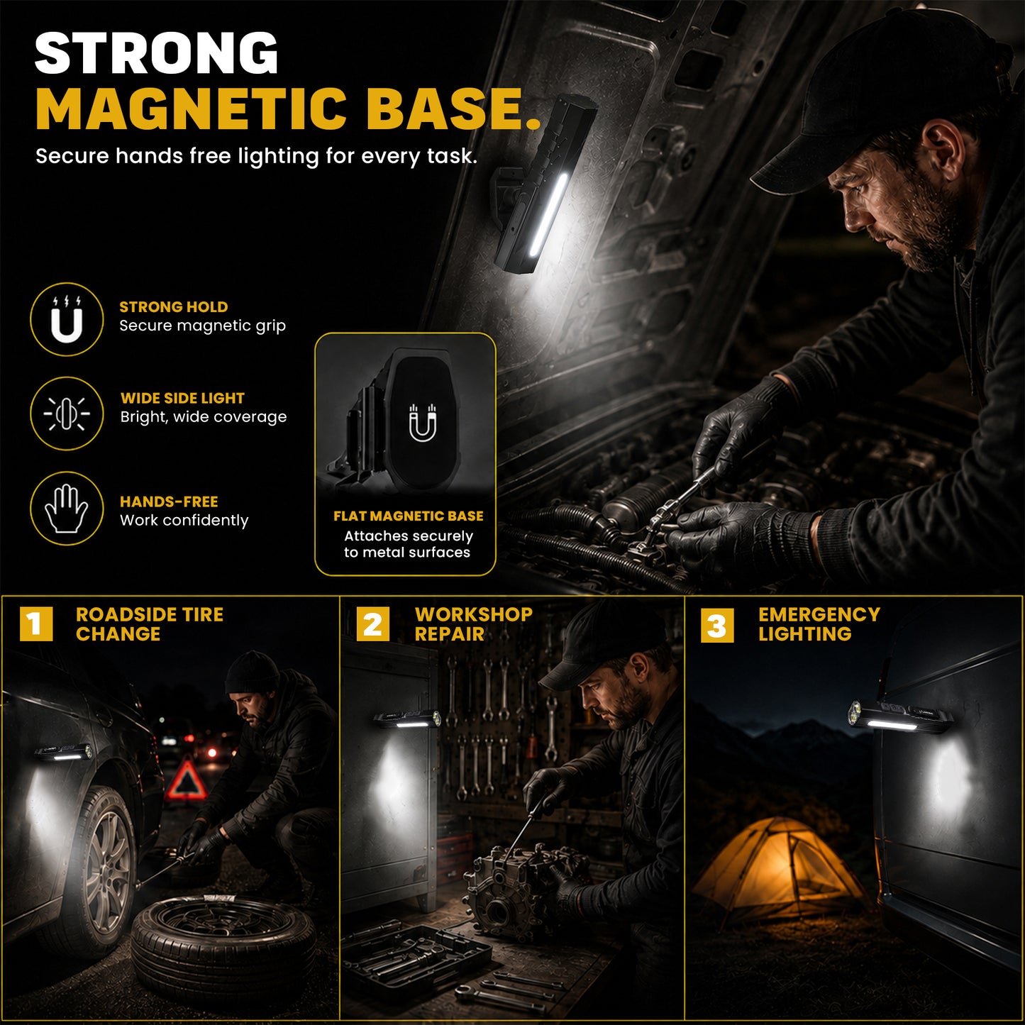 USATEKO T9 Pro Rechargeable Flashlight, 1500 Lumens, 365nm UV, Magnetic Base, IPX6 Compact flat USB-C flashlight with side work light and clip.
