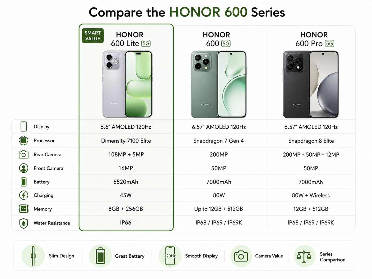 HONOR 600 series comparison graphic with four phone models and feature icons