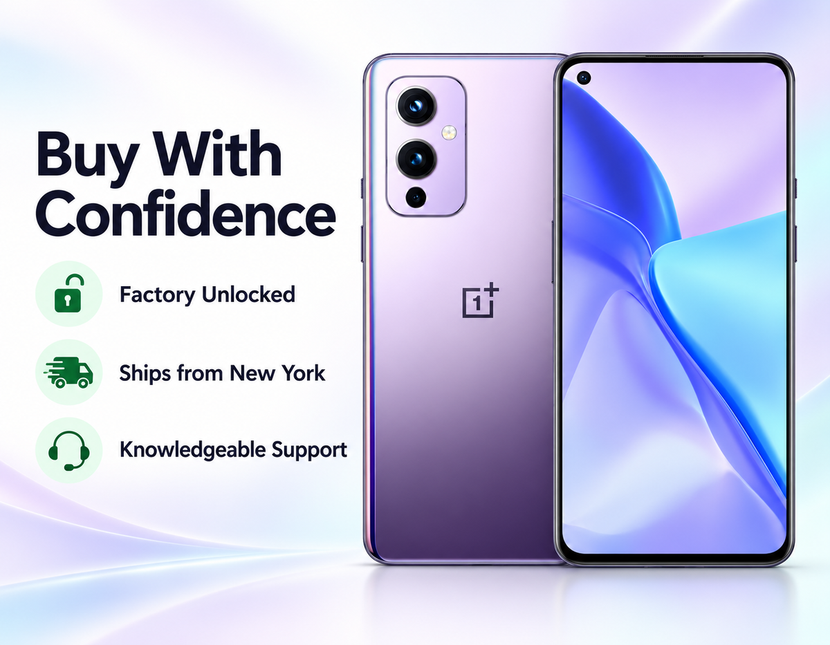 OnePlus 9 5G smartphone in Winter Mist Purple, front and back with triple camera module.