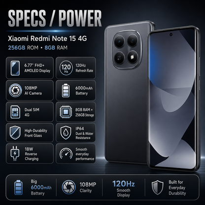 Xiaomi Redmi Note 15 4G black smartphone front and back with quad camera and curved display