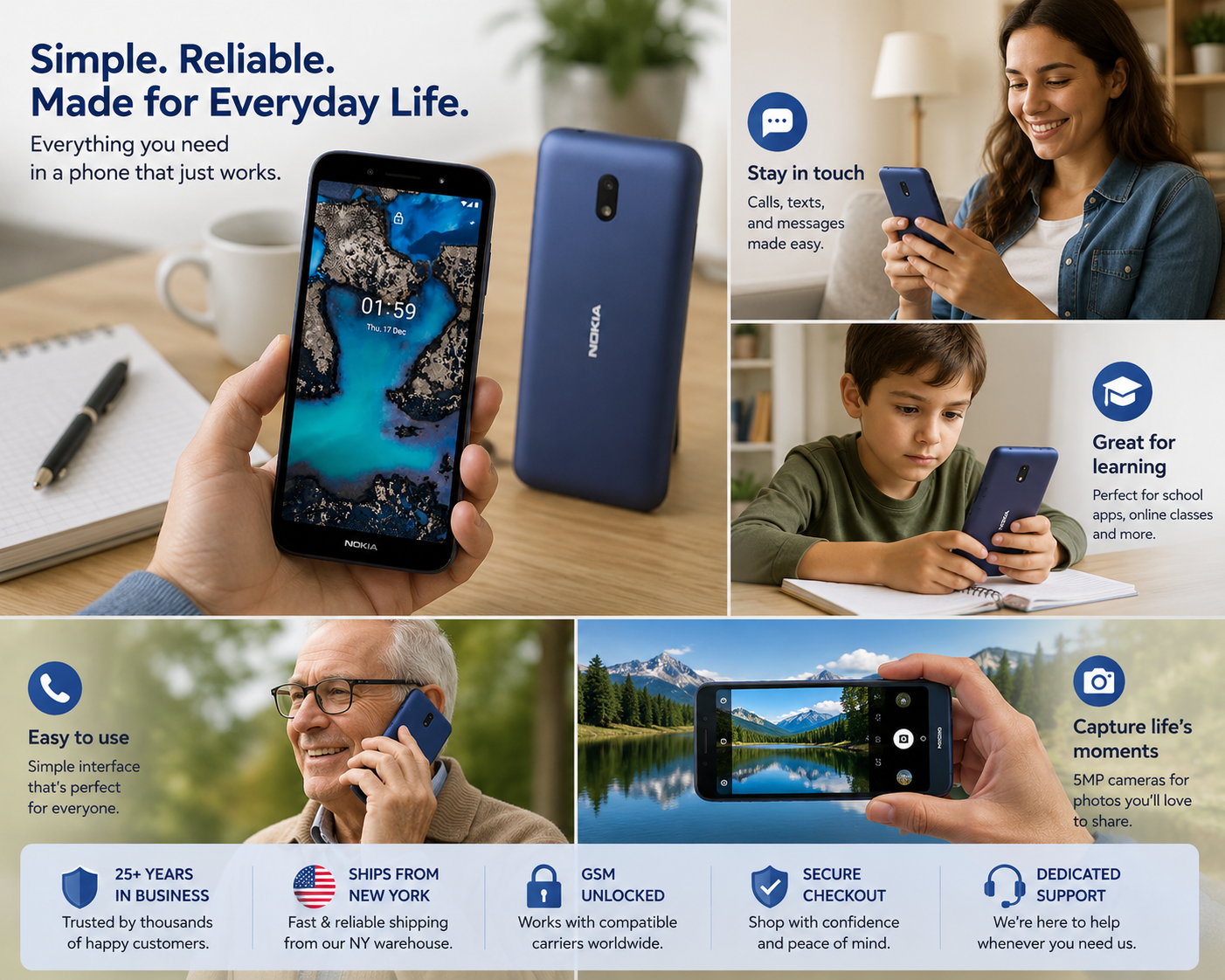 Blue Nokia C01 Plus phone held in hand, front screen visible