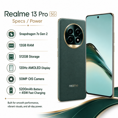 Emerald green Realme 13 Pro 5G smartphone with camera module and display front view.