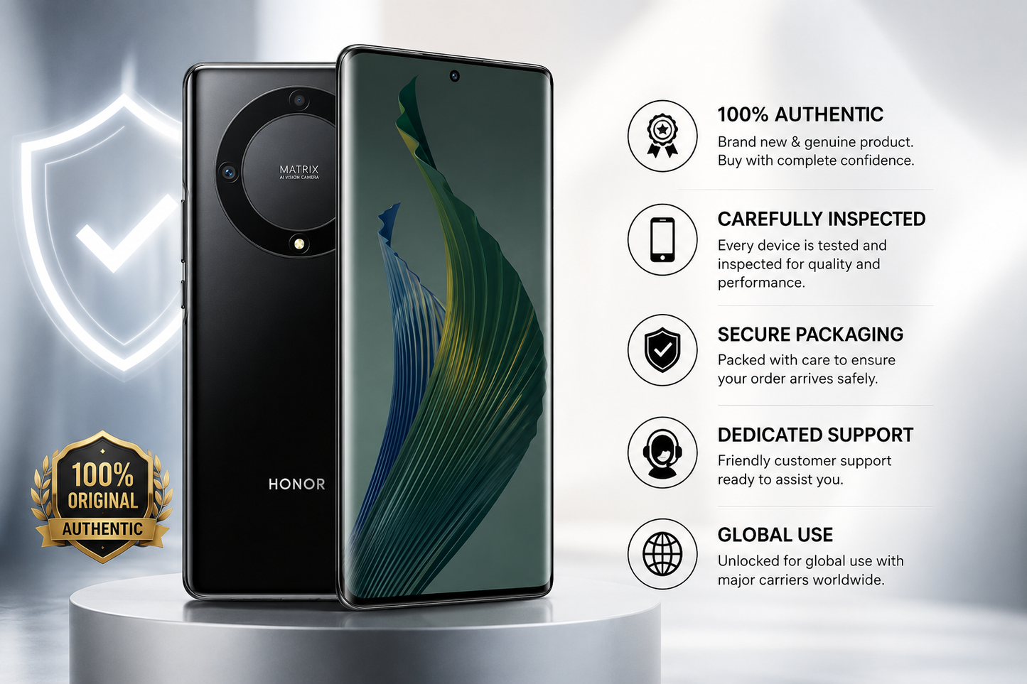 Black Honor Magic5 Lite 5G smartphone, front and back views with dual rear cameras