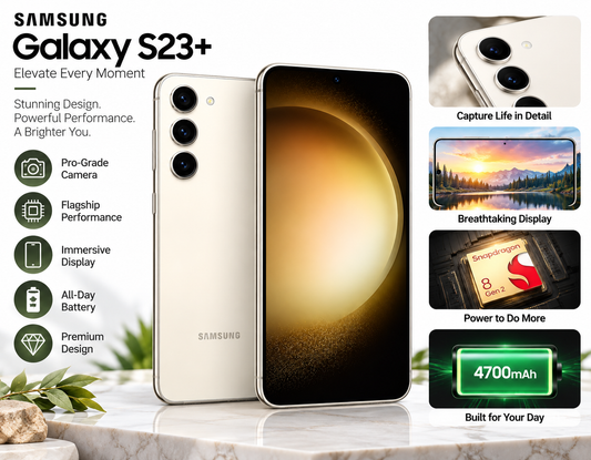 SAMSUNG Galaxy S23+ 5G Cream Samsung smartphone with curved display and triple rear camera lenses
