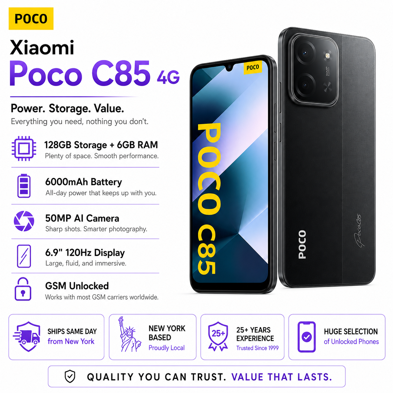 Xiaomi Poco C85 4G 128GB ROM 6GB RAM Dual SIM GSM Unlocked - Black