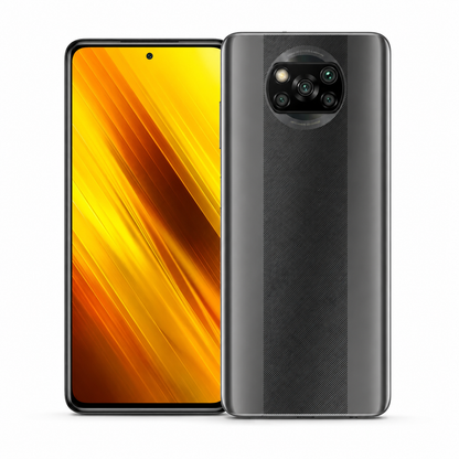 Xiaomi POCO X3 NFC smartphone in gray, front display and textured back with triple camera.