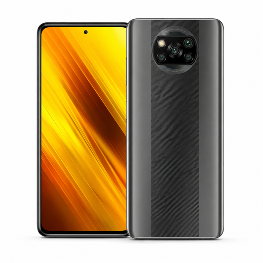 Xiaomi POCO X3 NFC smartphone in gray, front display and textured back with triple camera.