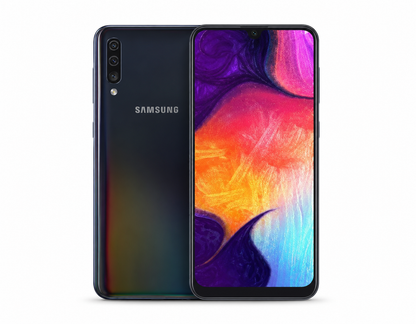 SAMSUNG Galaxy A50 unlocked smartphone in black, front and back view with AMOLED display