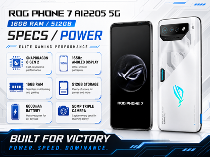 ASUS ROG Phone 7 Unlocked gaming smartphone with white back and black front, triple-lens camera