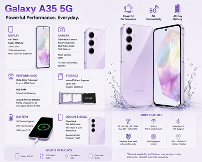 Samsung Galaxy A35 5G Lilac Samsung smartphone with feature panels for display, camera, and battery