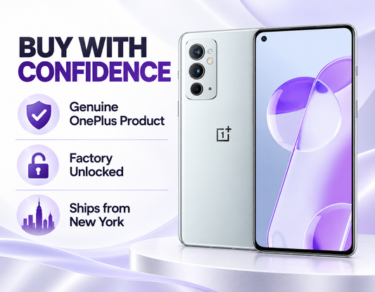 Silver OnePlus 9RT 5G phone front and back view with triple rear cameras.