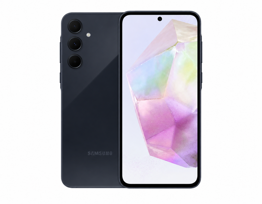 Navy Samsung Galaxy A35 5G smartphone with dual rear cameras and curved display