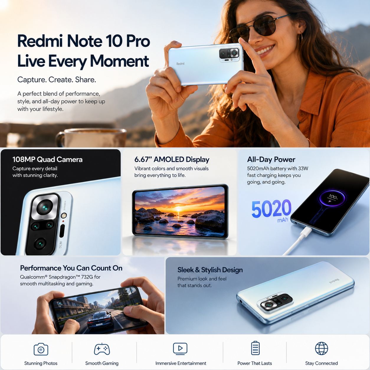 Xiaomi Redmi Note 10 Pro 4G Dual SIM LTE 256GB 8GB RAM GSM Unlocked - Glacier Blue