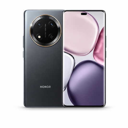 Black Honor smartphone with dual lenses and purple front screen