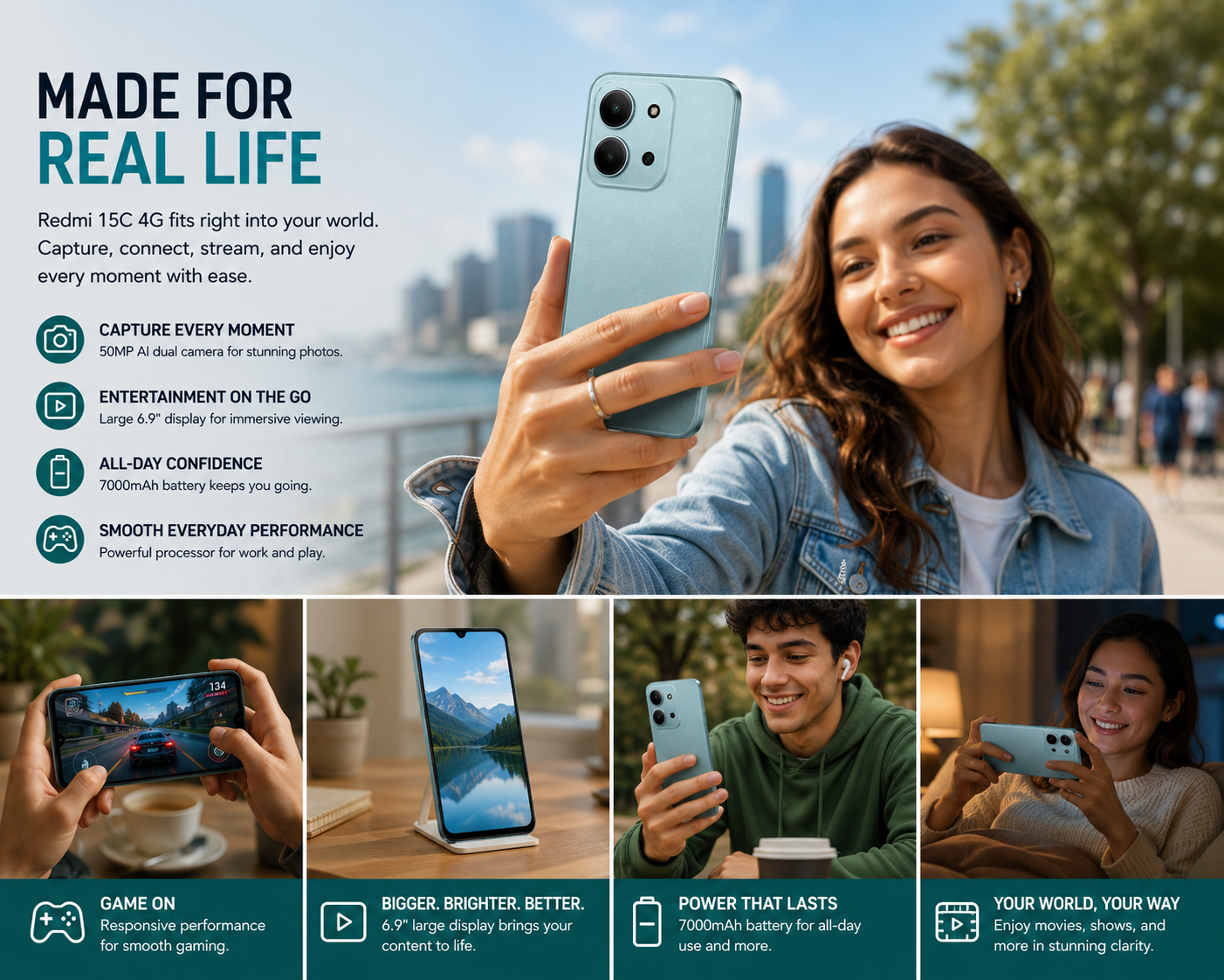 Light green smartphone with triple rear cameras and front display, held in hand