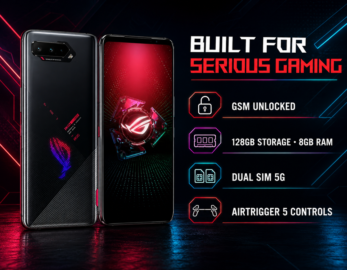 Asus ROG Phone 5 Black gaming smartphone front and back view, dual rear cameras with red-blue accents
