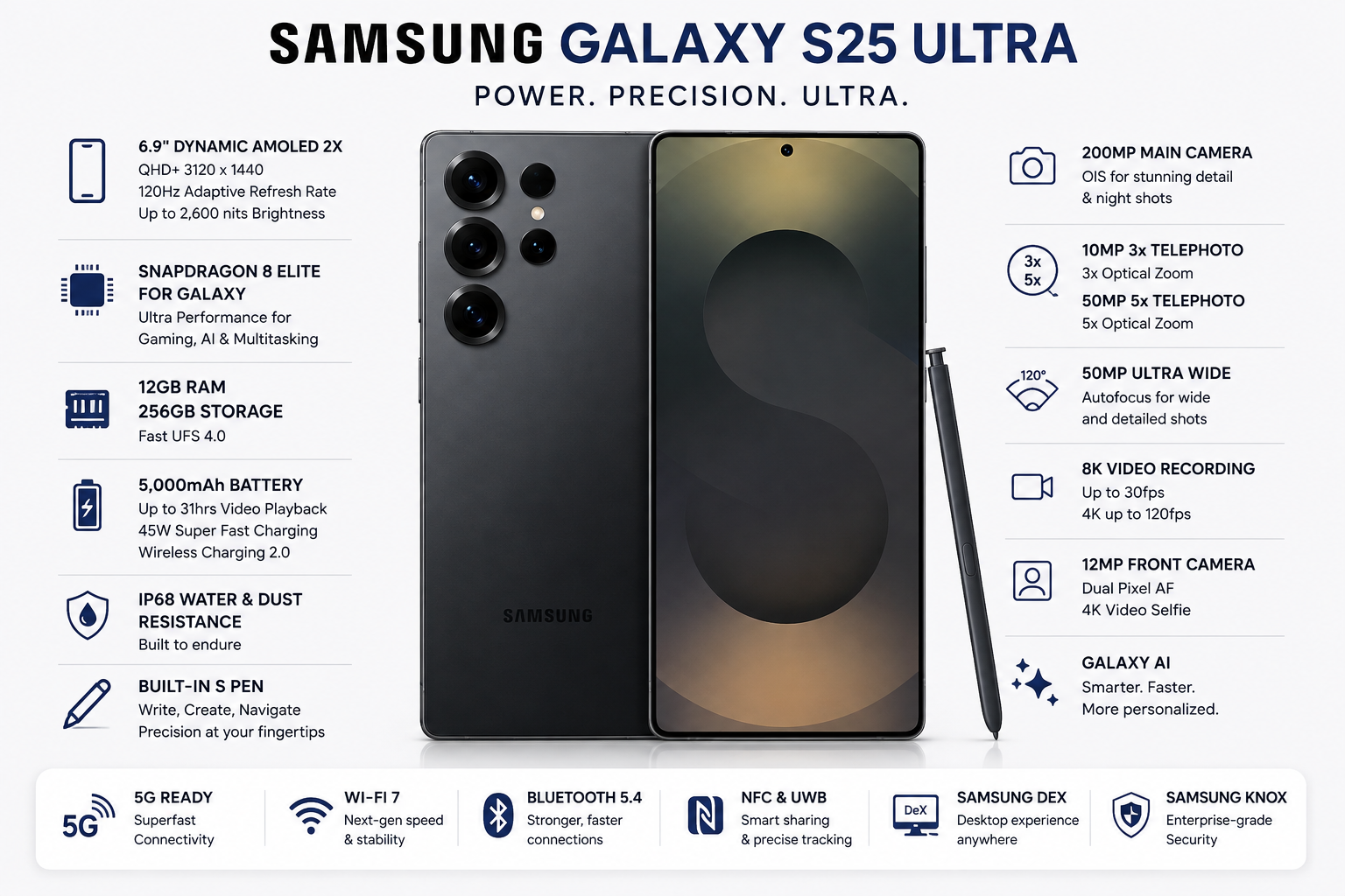 Black Samsung Galaxy S25 Ultra smartphone with S Pen, front and back view.