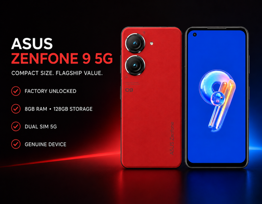 Asus Zenfone 9 Red smartphone back and blue front screen with dual cameras, front-facing view