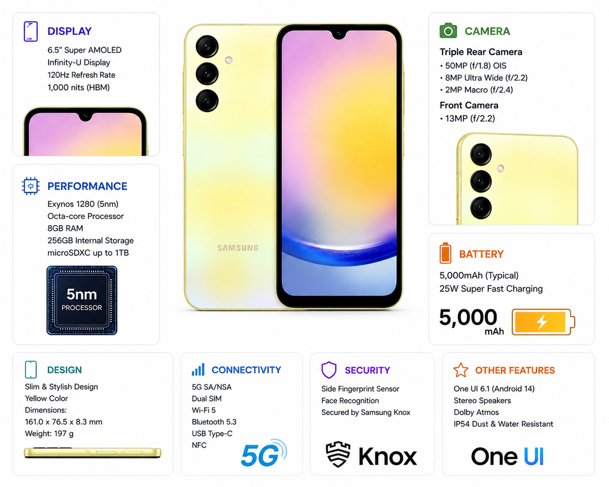 Yellow Samsung Galaxy A25 5G phone with front display and triple rear cameras