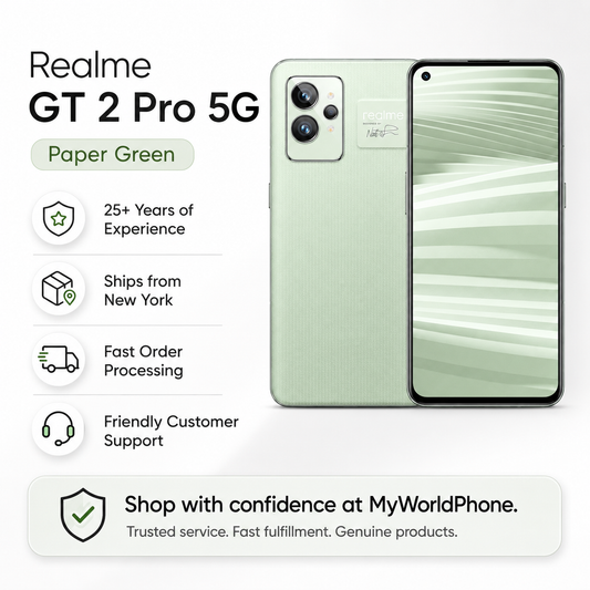Realme GT Master Edition 5G Paper green smartphone front and back view, dual rear cameras, curved display