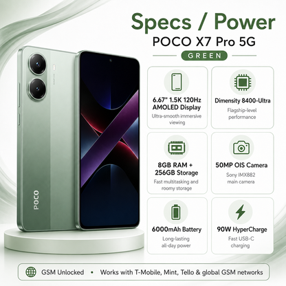 Xiaomi Poco X7 PRO 5G 256GB ROM 8GB RAM Dual SIM GSM Unlocked - Green