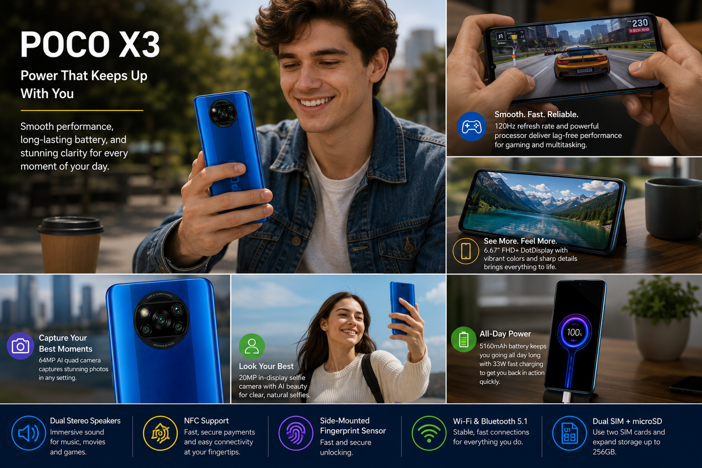 Xiaomi Poco X3 NFC 64GB, 6GB RAM, GSM LTE Unlocked - Cobalt Blue
