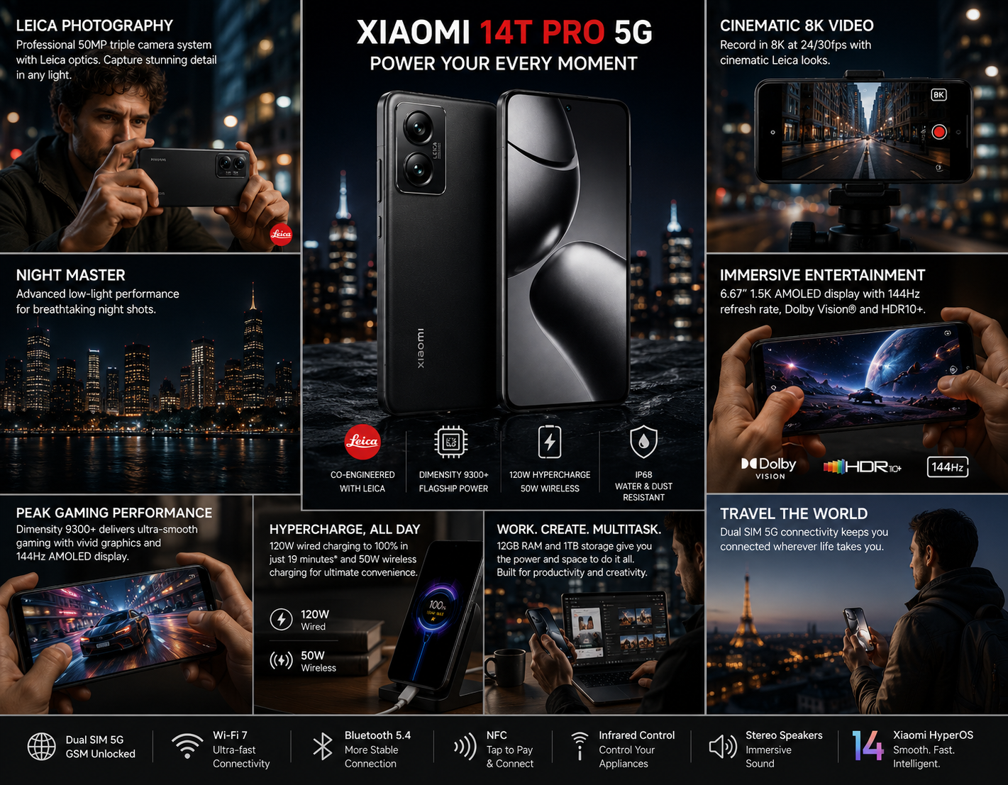 Xiaomi 14T Pro 5G Titan Black Xiaomi phone front and back view, showcasing dual camera module.