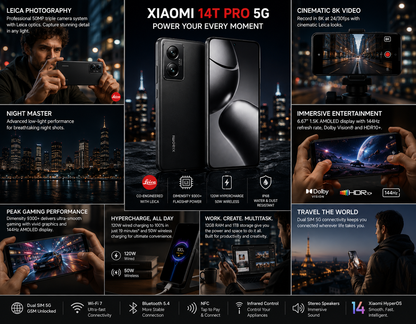 Xiaomi 14T Pro 5G Titan Black Xiaomi phone front and back view, showcasing dual camera module.