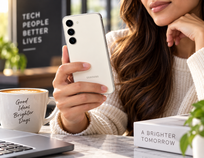 Woman holding a cream Samsung Galaxy S23+ 5G smartphone showing back panel and cameras