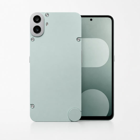 Light green smartphone back with dual cameras and circular side button, front visible