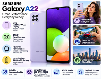 Samsung Galaxy A22 4G A225F LTE 128GB 6GB RAM Dual Sim GSM Unlocked - Violet