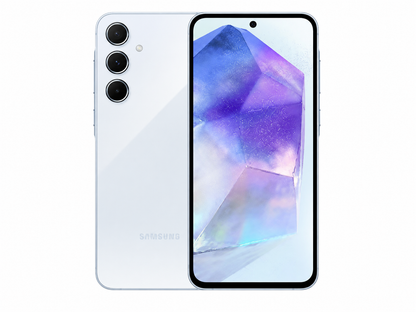 Ice blue Samsung Galaxy A55 5G smartphone, front and back view