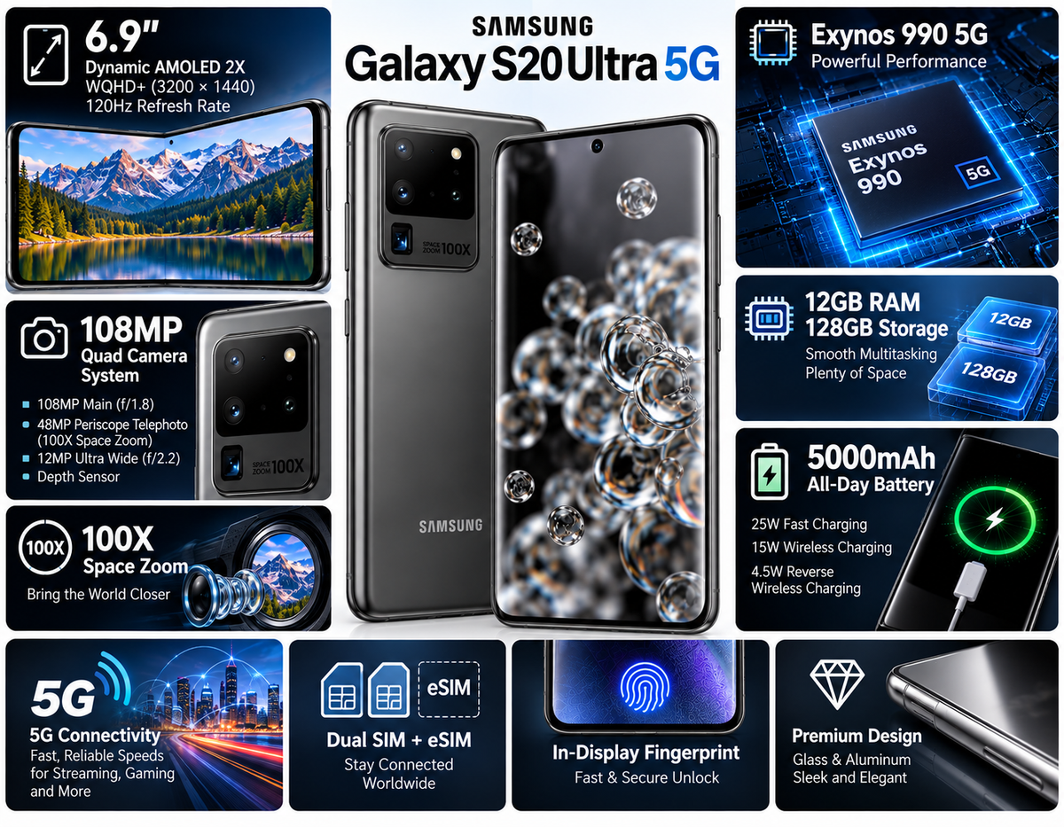 Samsung Galaxy S20 Ultra 5G  Cosmic gray smartphone with front and back views centered on the device