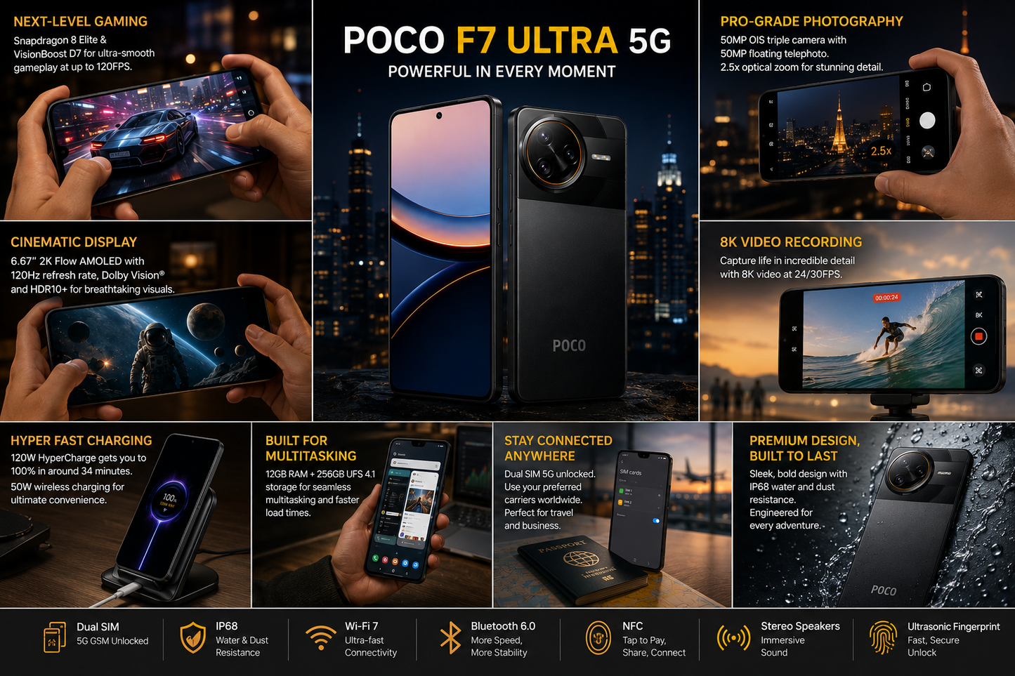 Xiaomi Poco F7 Ultra 5G Black Xiaomi POCO smartphone showing dual rear cameras and slim edge design