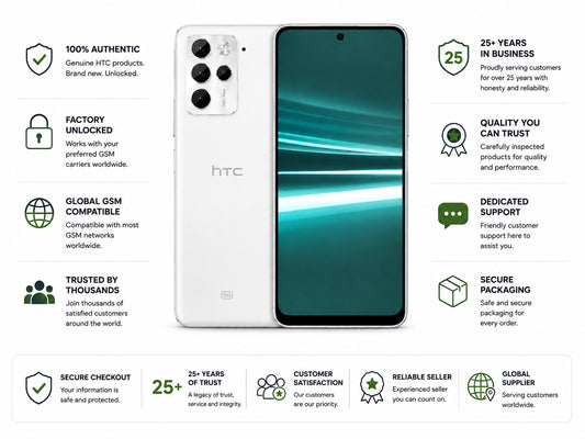 White HTC U23 Pro 5G smartphone with teal display and triple rear camera module