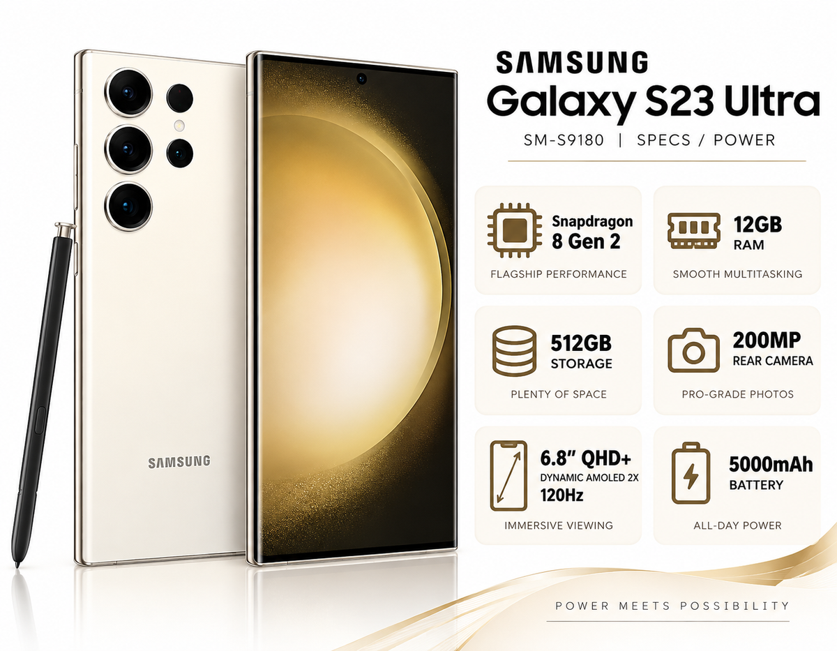 Cream Samsung Galaxy S23 Ultra with front display and quad rear camera