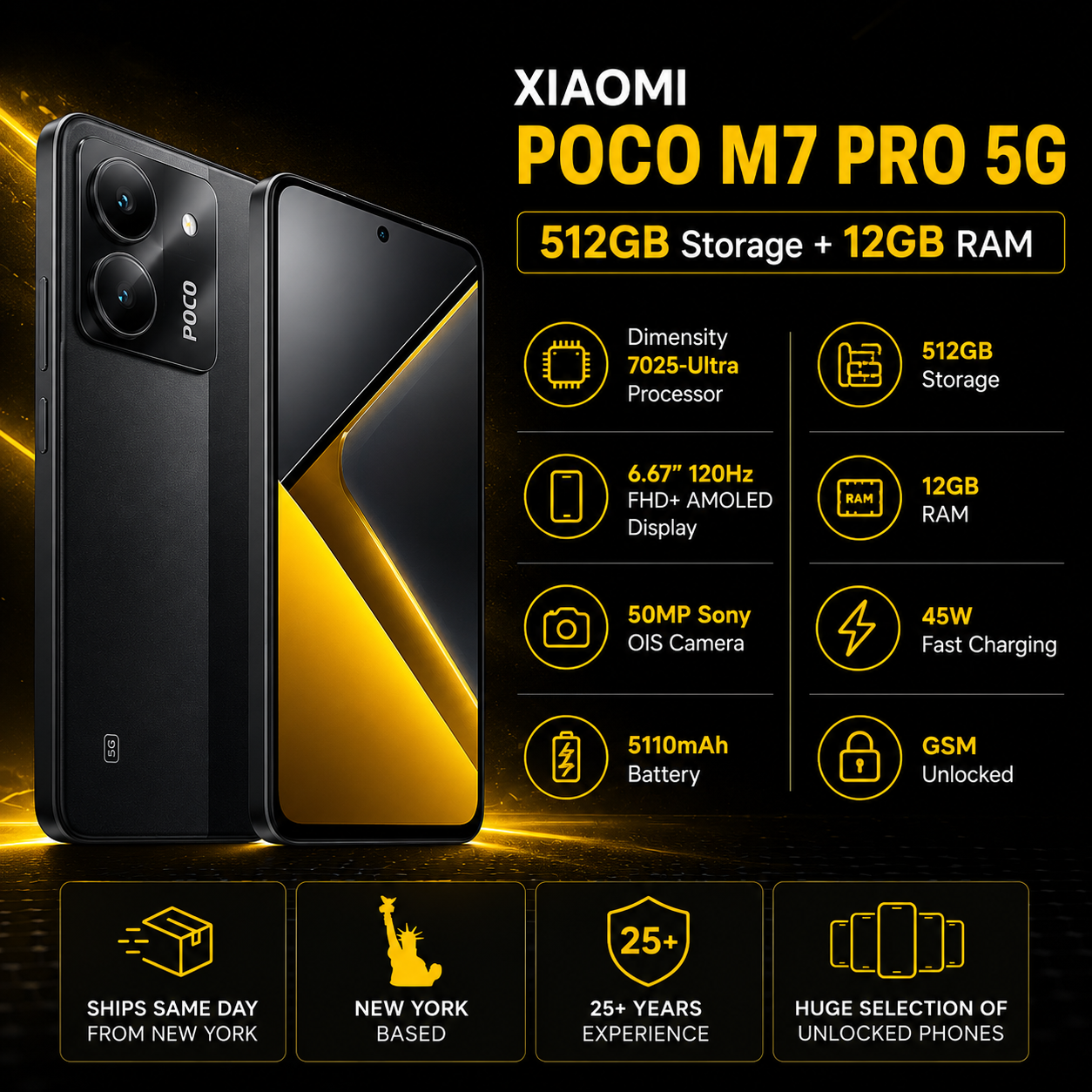 Xiaomi Poco M7 Pro 5G Dual SIM 512GB ROM 12GB RAM GSM Unlocked - Black