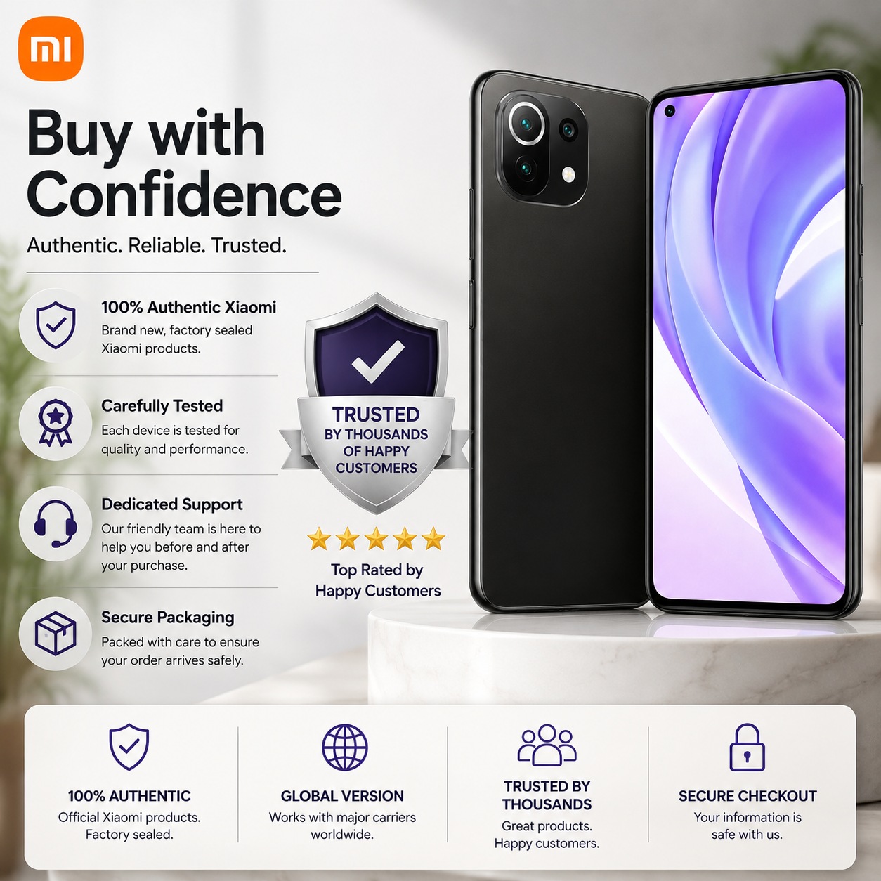 Xiaomi Mi 11 Lite 4G 128GB, 6GB RAM, Dual SIM LTE GSM Unlocked - Boba Black