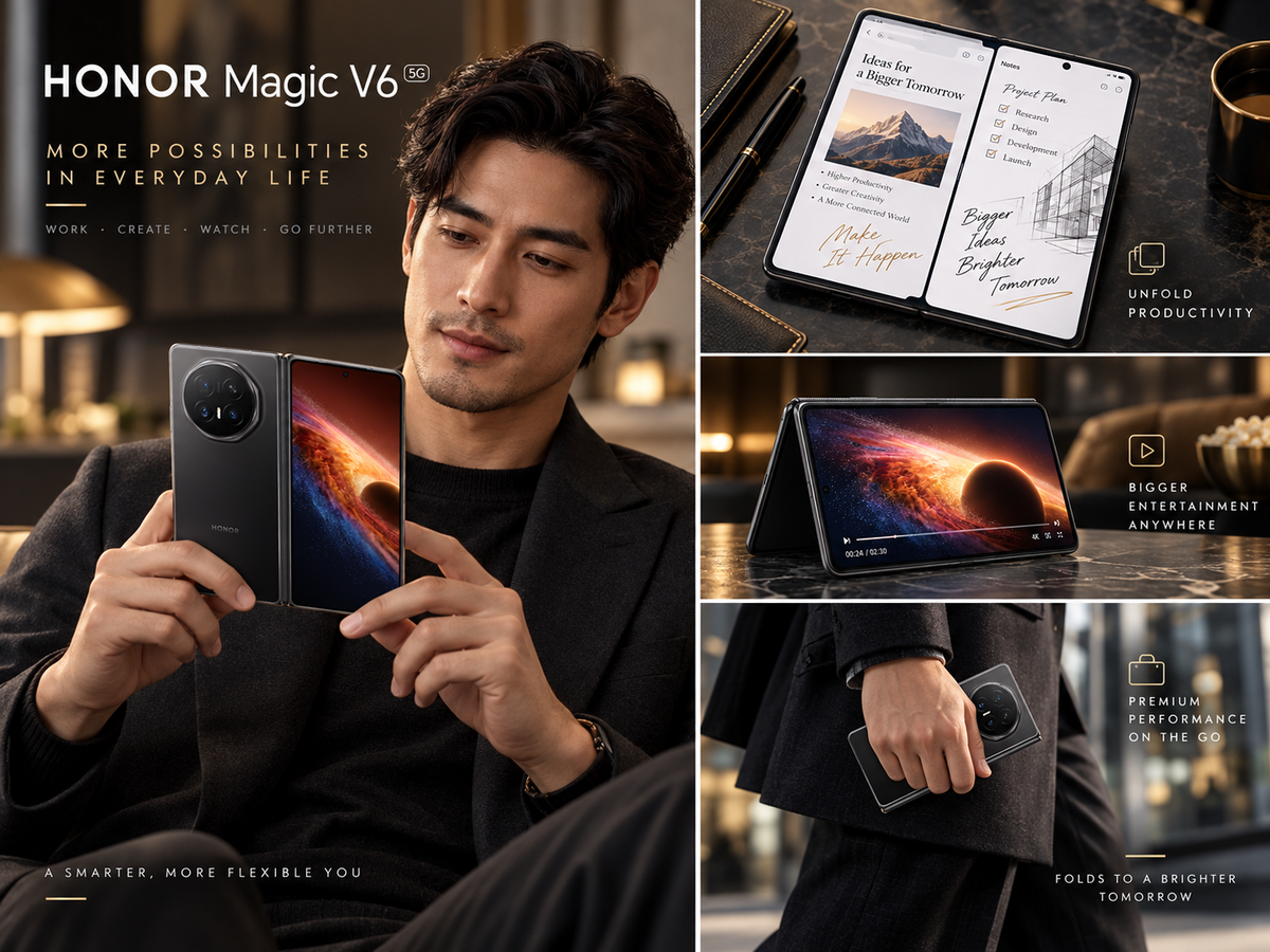 Honor Magic V6 5G Black foldable smartphone held in hand, front display visible