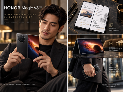 Honor Magic V6 5G Black foldable smartphone held in hand, front display visible