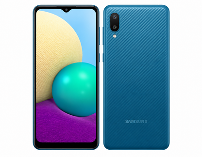 Blue Samsung Galaxy A02 smartphone with front screen and textured back